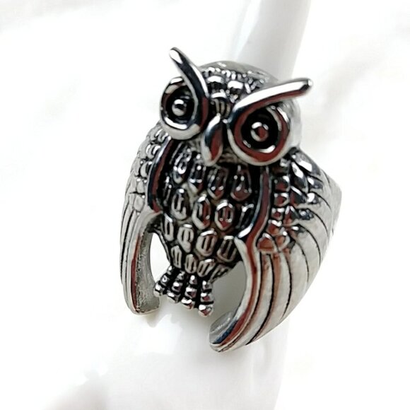 Silver Owl Ring Stainless Steel Statement Bird Biker Ring - Picture 3 of 13